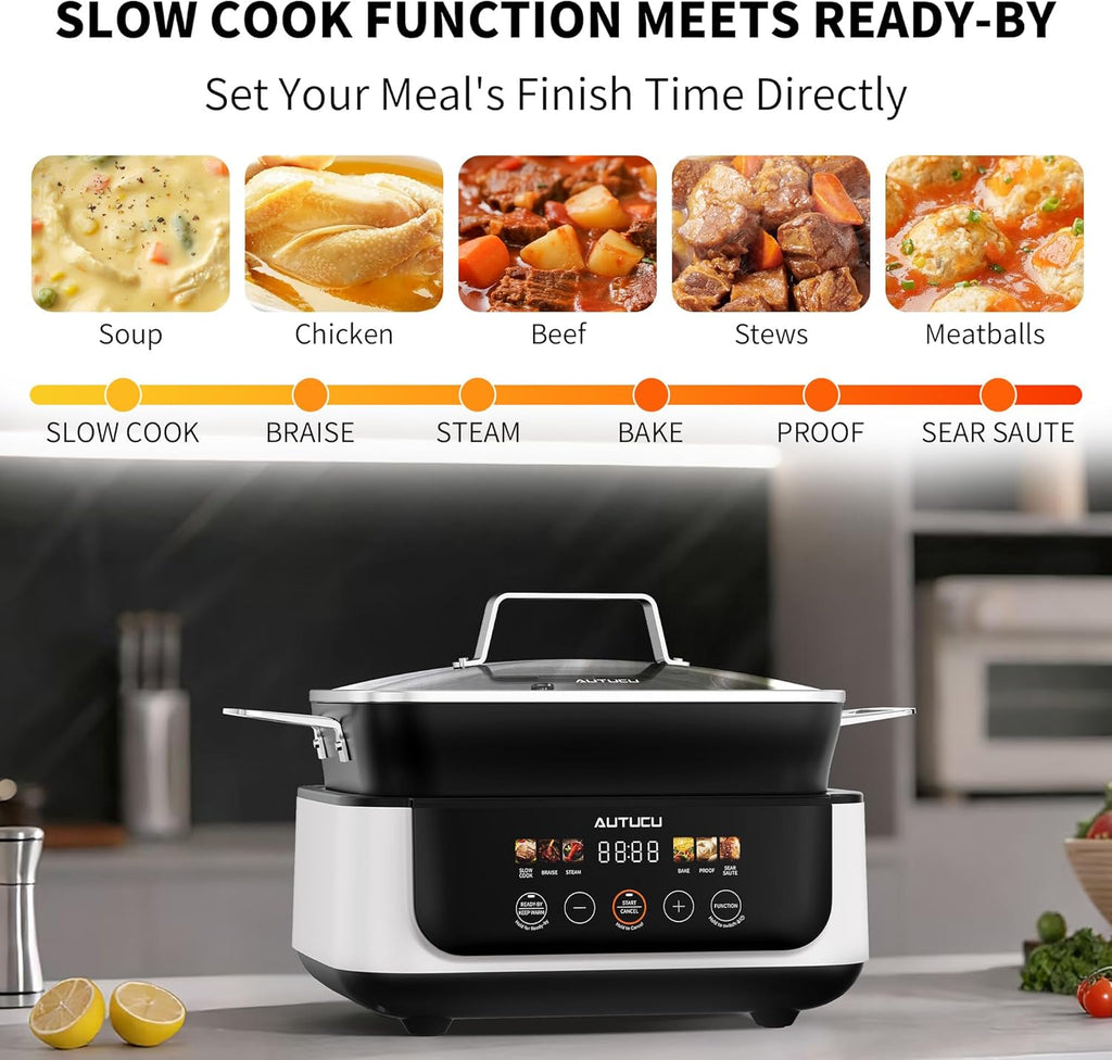 Slow Cooker 7-Quart Programmable Multi-Cooker PFOA-Free Ceramic Coating, Warm, Sear sauté, Steamer Function for Family Gatherings (Includes Silicone Spoon) White