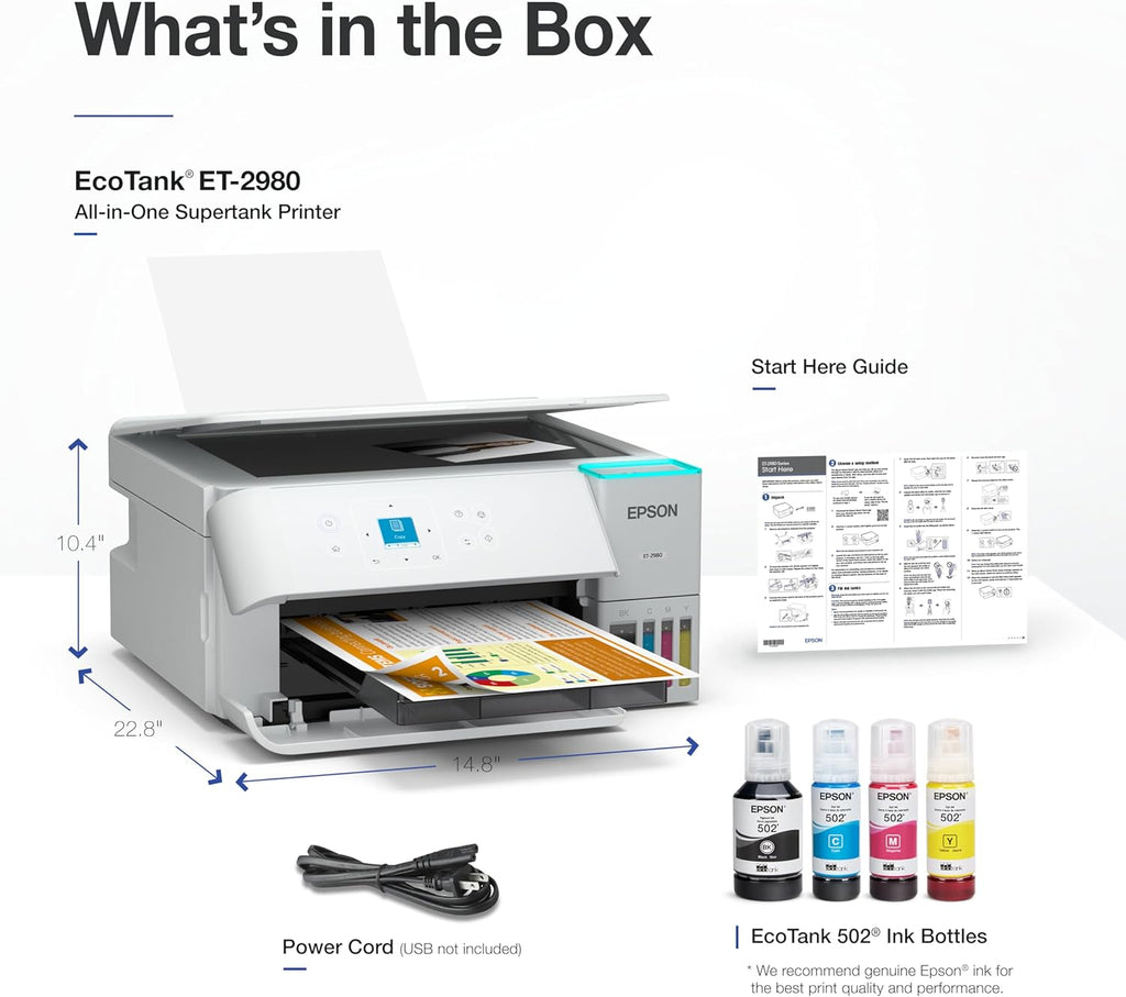 Epson EcoTank ET-2980 Wireless All-in-One Color Supertank Printer with up to 3 Years of Ink, Refillable Tanks, Perfect for Home, 15 PPM, 1.44" Color Screen, Auto 2-Sided Printing – White (Renewed)