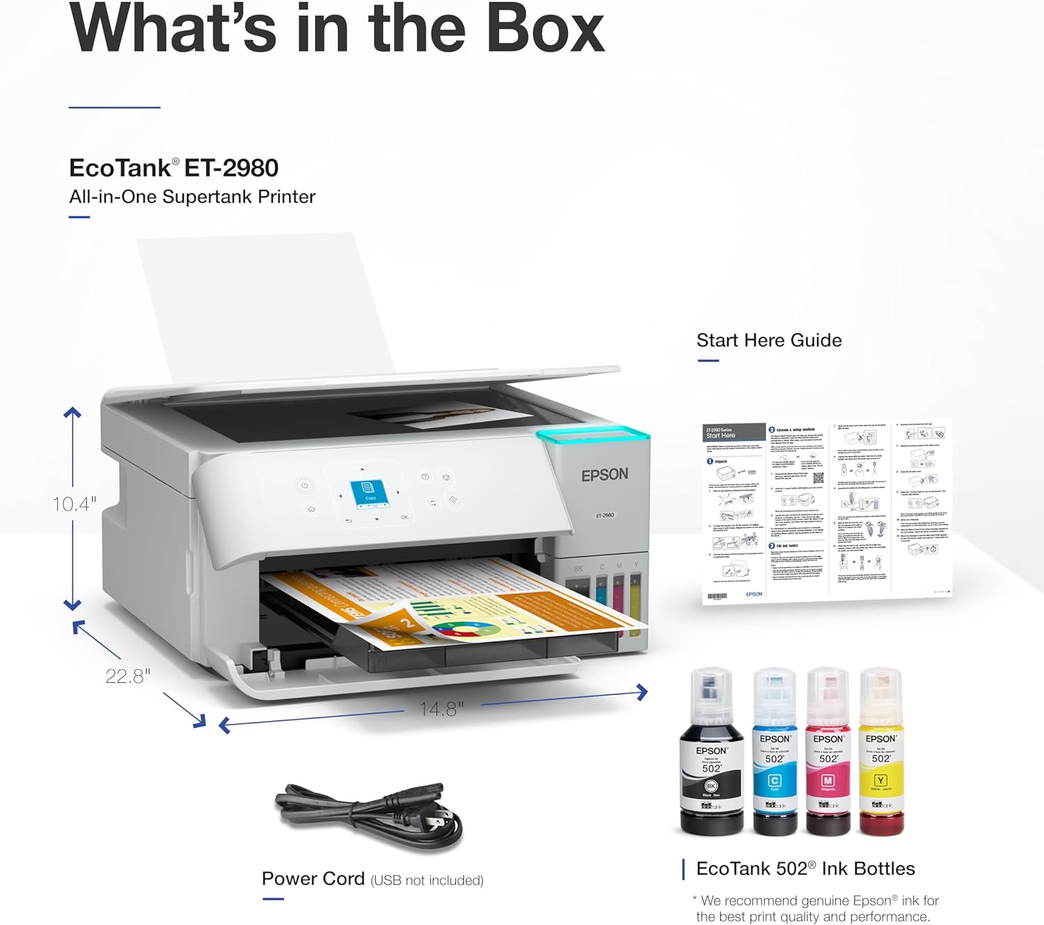 Epson EcoTank ET-2980 Wireless All-in-One Color Supertank Printer with up to 3 Years of Ink, Refillable Tanks, Perfect for Home, 15 PPM, 1.44" Color Screen, Auto 2-Sided Printing – White (Renewed)