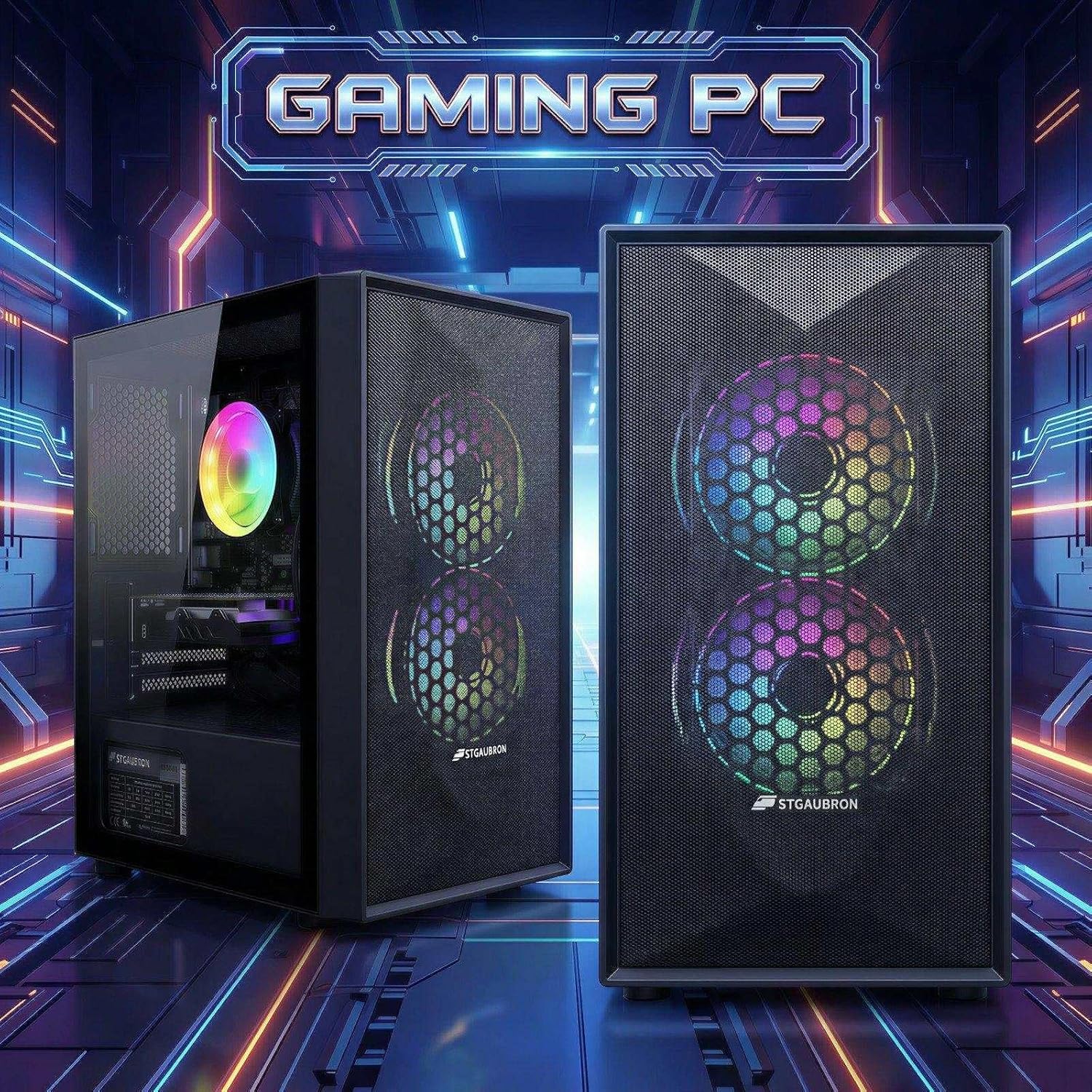 STGAubron Prebuilt Gaming PC Desktop, Radeon RX 550 4G, Intel Core i5 up to 3.6GHz, 16G RAM, 512G SSD, WiFi 6, BT 5.0, RGB Fan x2, Windows 11 Home