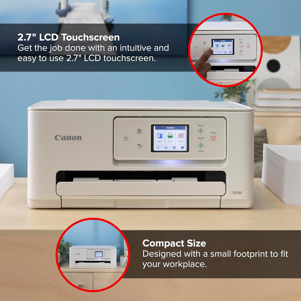 Canon PIXMA TS7720 Wireless All-in-One Color Inkjet Printer – Print, Copy, Scan – Auto Duplex, 15/10 PPM, 2.7” Touchscreen, Compact Home Photo Printer with Easy Setup
