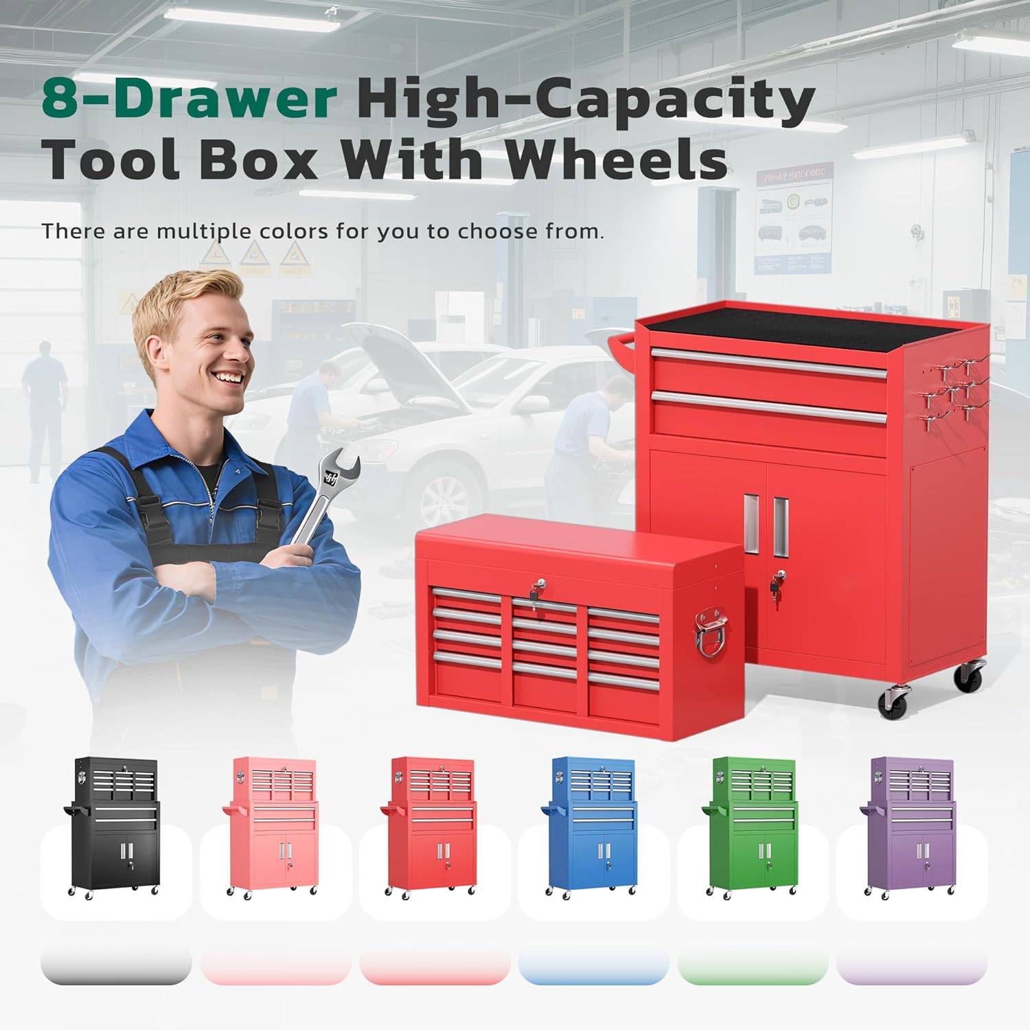Greenvelly 8-Drawer Rolling Tool Chest, Assembled 2 in 1 Detachable Metal Tool Box with Wheels, Lockable Steel Tool Cart with Drawer Liners & Side Hooks for Garage, Workshop, Repair Room (Red)
