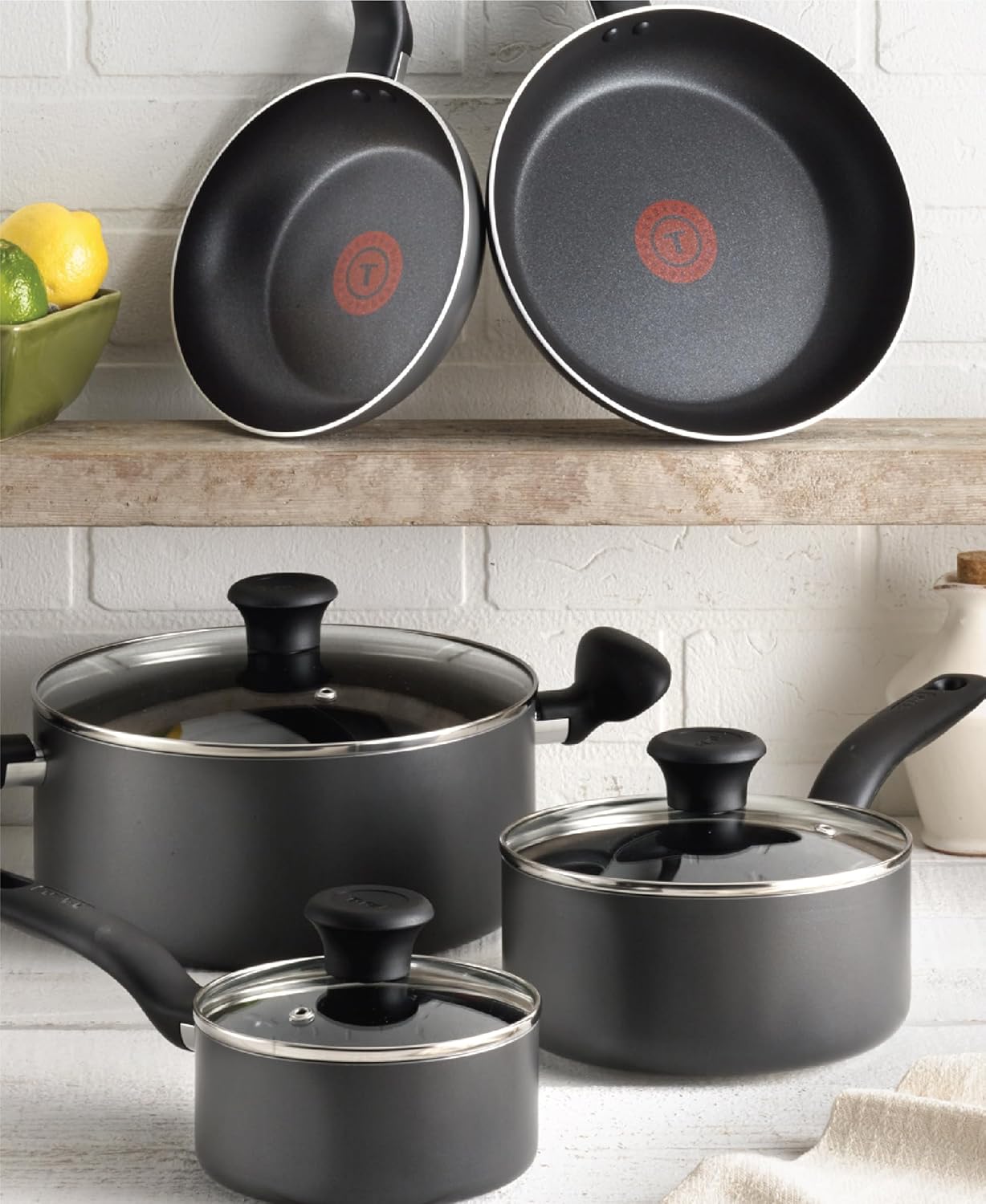 T-fal Initiatives Nonstick Cookware Set 18 Piece, Oven Broiler Safe 350F, Kitchen Cooking Set w/Fry Pans, Saucepans, Stockpots, Skillet, Spoons, Lids Pots and Pans Set, Dishwasher Safe, Stone Grey