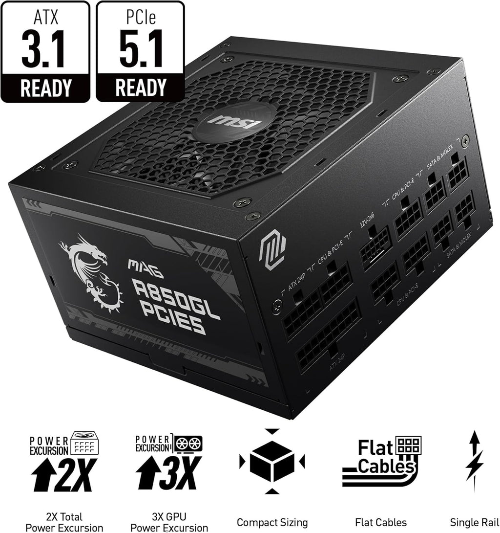 MSI MAG A850GL PCIE5, Fully Modular Compact Gaming 850W Power Supply, 80+ Gold, ATX 3.1 & PCIe 5.1 Ready, Native Dual-Color 12V-2x6 Cable, 10 Year Warranty
