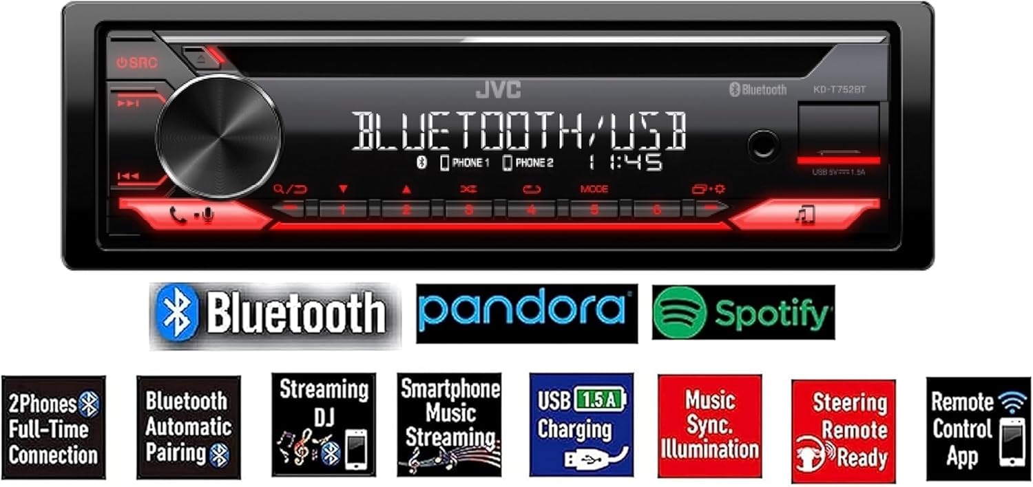 JVC Single-Din Built-in Bluetooth, Dual Phone Connection, Android Music Playback, CD MP3 AM/FM USB AUX Input Car Stereo Player, Pandora Spotify Control iHeart Radio Receiver w/FREE ALPHASONIK EARBUDS