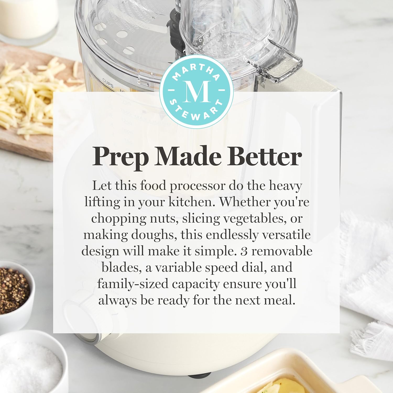 Martha Stewart Food Processor, 10-Cup Electric Chopper for Slicing, Shredding, Mincing and Puree, BPA-Free Twist & Lock Bowl, 3 Multipurpose Blades, Variable Speed Dial, Wide Feed Chute, Linen White