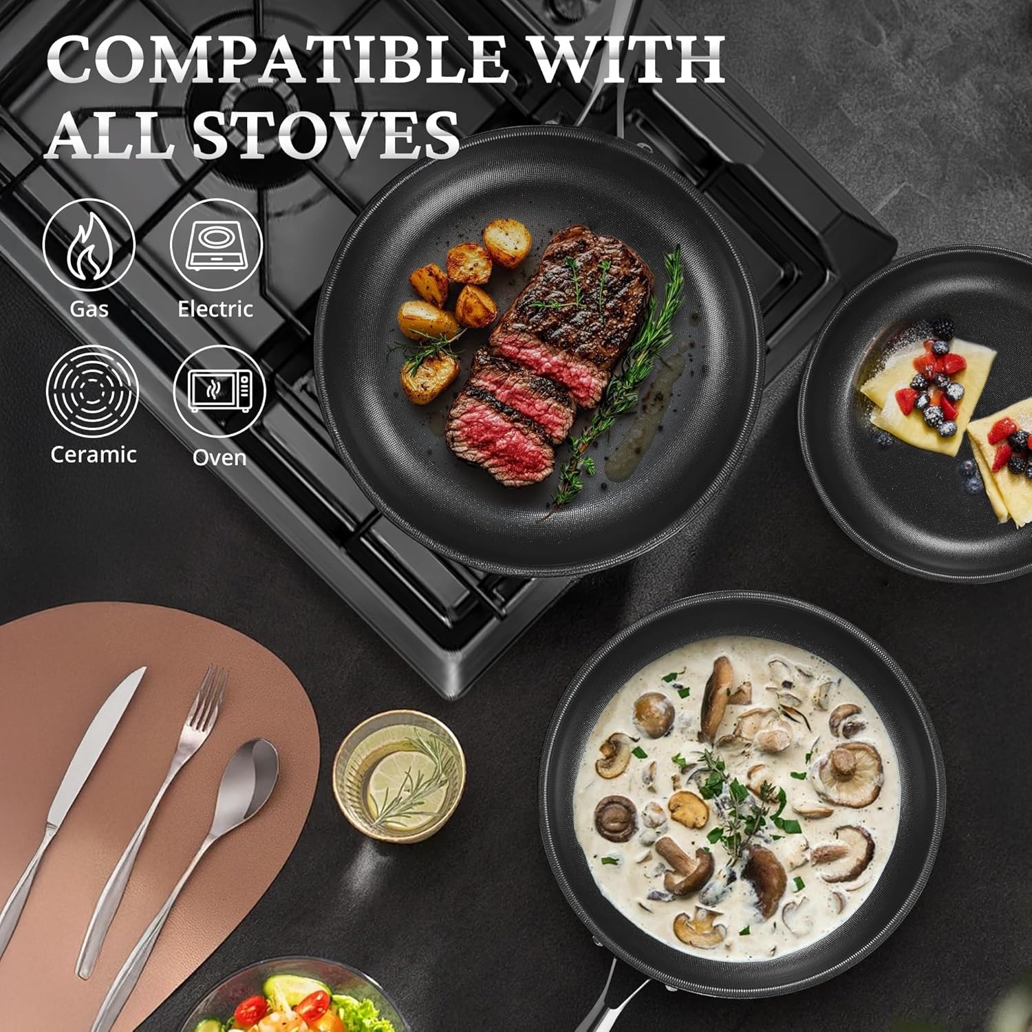 KOKHUB Nonstick Frying Pans with Lids, 8", 10", 12" Titanium Ceramic Tri-Ply Stainless Steel Skillet Set, Non-Toxic, PFAS/PFOA/PTFE Free, Dishwasher & Oven Safe, Induction Compatible