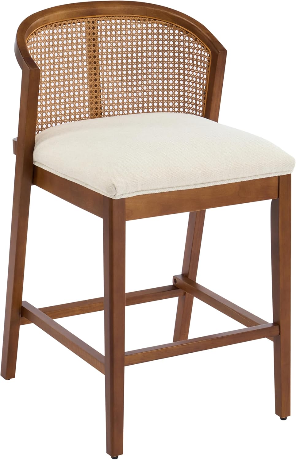 Christopher Knight Home Jane Rattan Counter Stools Set of 4, Counter Height Bar Stools for Bar Table, Rubberwood Frame with Upholstered Barstools, Wood Accent Chair with Footrest, Beige + Walnut