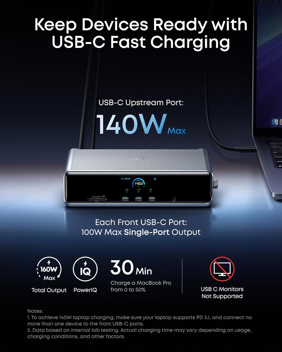 Anker Prime Docking Station (DL7400), 14-Port Triple Display with DisplayLink, 140W Max, Smart Display, Triple 4K 60Hz, Cooling Fan, for macOS and Windows (The Latest DisplayLink Driver Required)