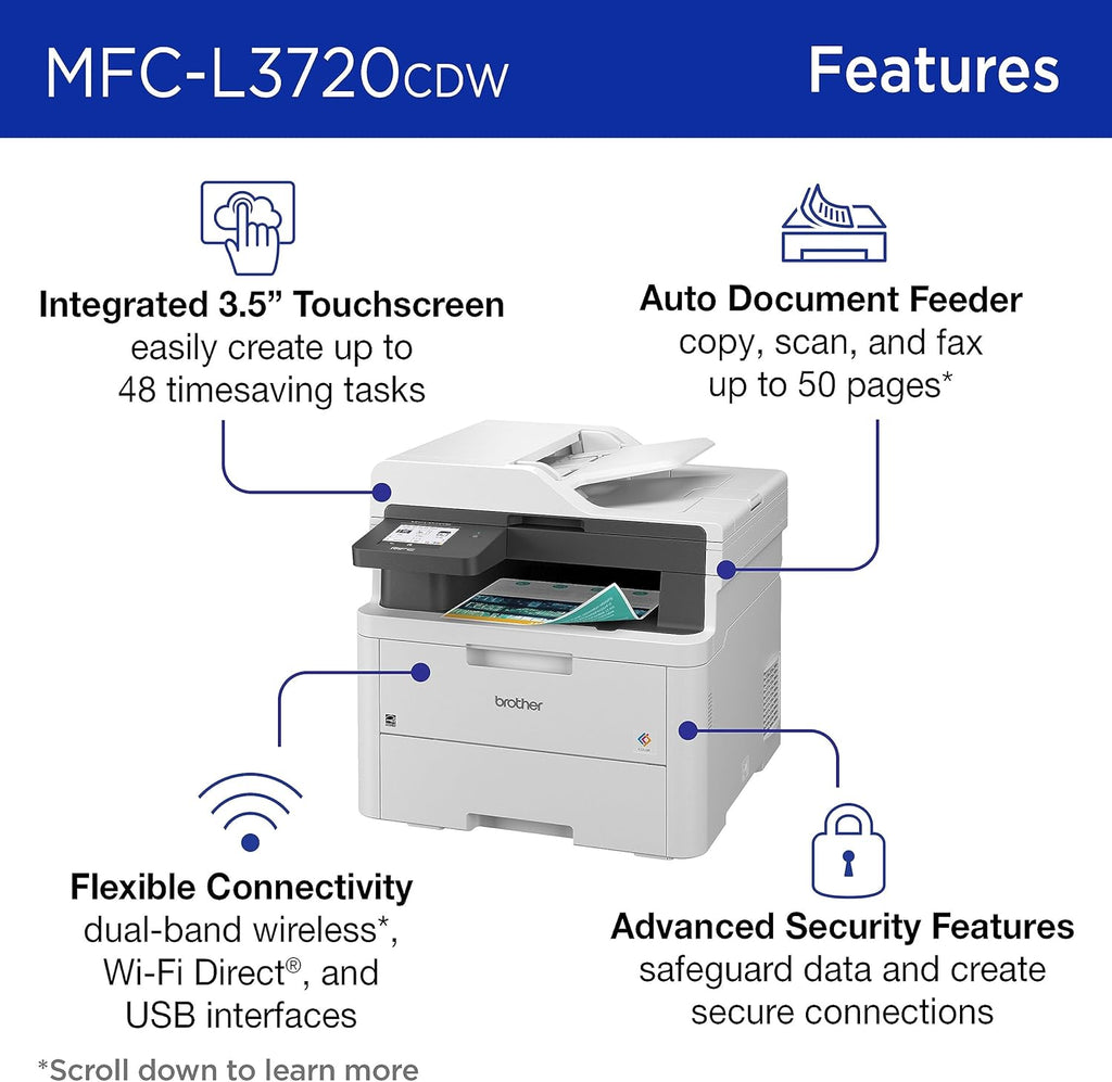 Brother MFC-L3720CDW Wireless Color Laser Printer with Scanner, Copier and Fax | Auto Duplex and 250-Sheet Capacity | Includes Refresh Subscription Trial(1). Amazon Dash Replenishment Ready
