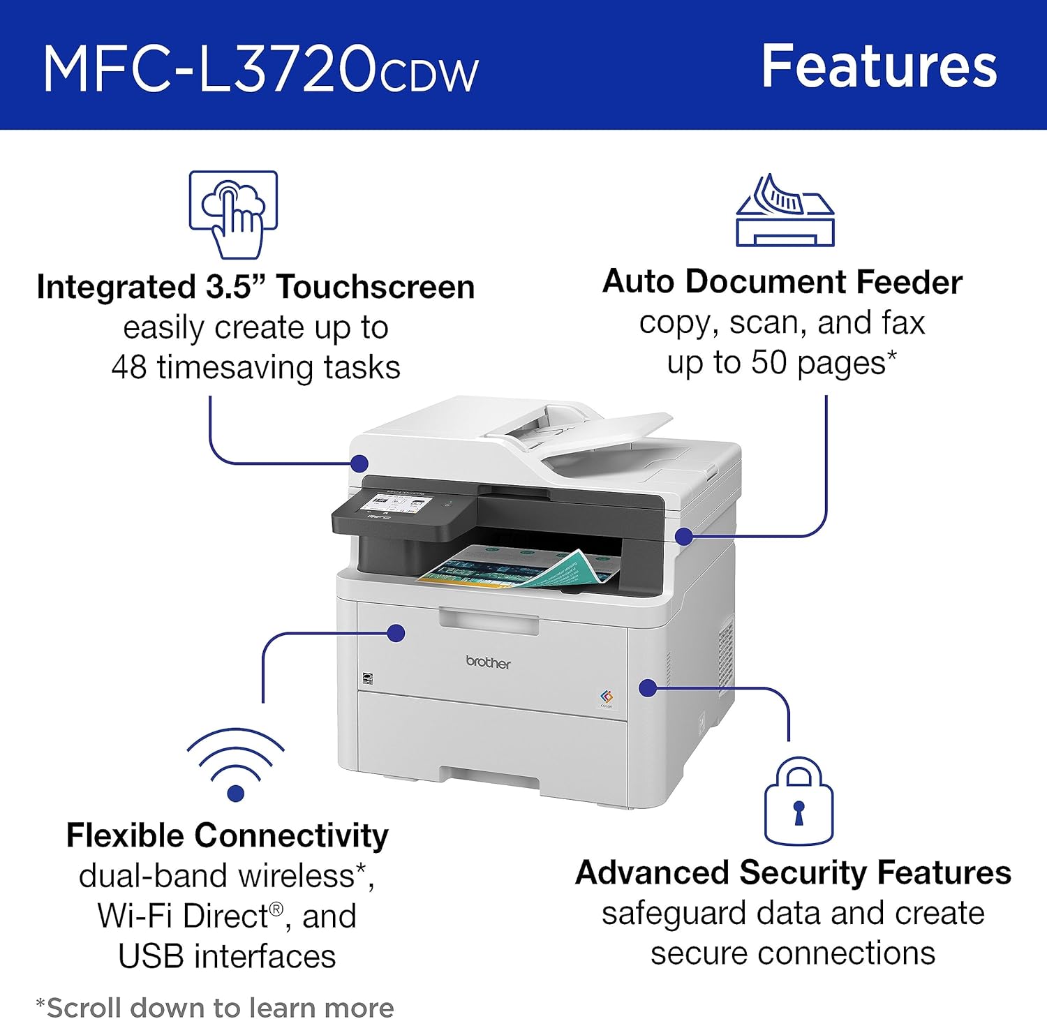 Brother MFC-L3720CDW Wireless Color Laser Printer with Scanner, Copier and Fax | Auto Duplex and 250-Sheet Capacity | Includes Refresh Subscription Trial(1). Amazon Dash Replenishment Ready
