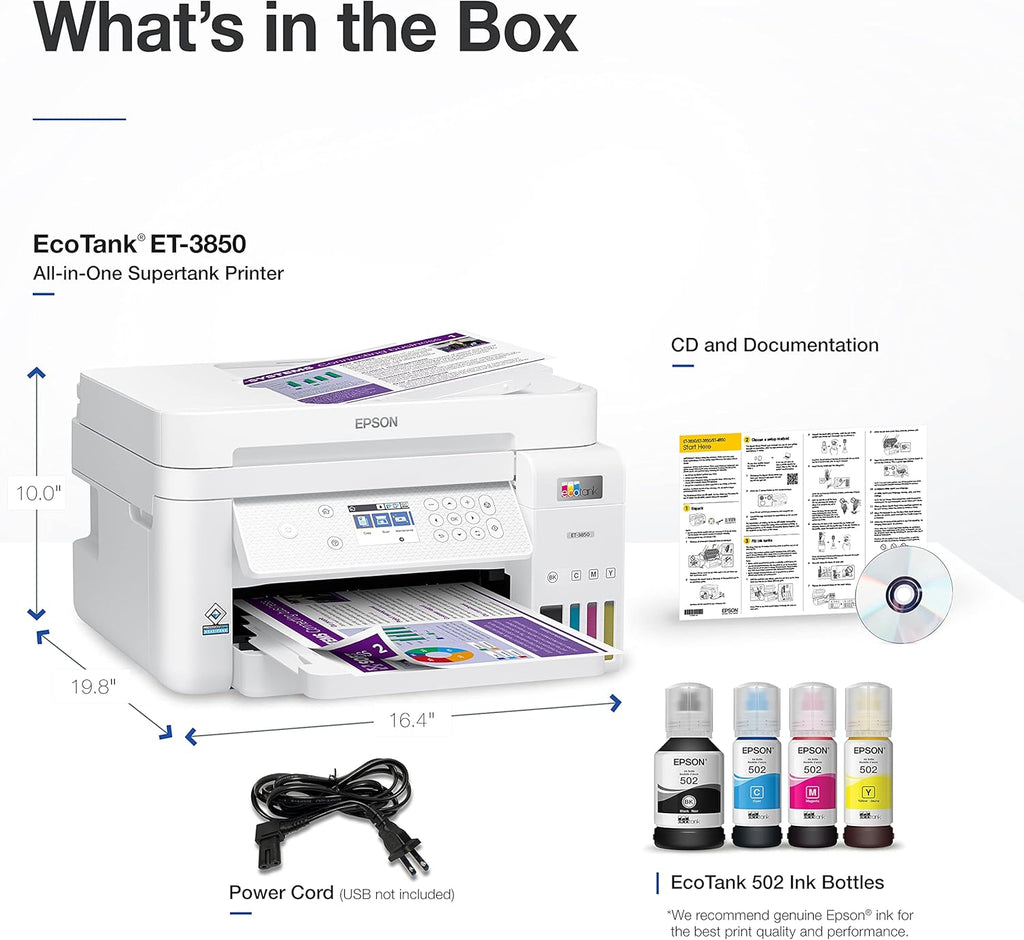 Epson EcoTank ET-3850 Wireless Color All-in-One Cartridge-Free Supertank with Scanner Copier, ADF and Ethernet â€“ The Perfect Printer Home Office,White