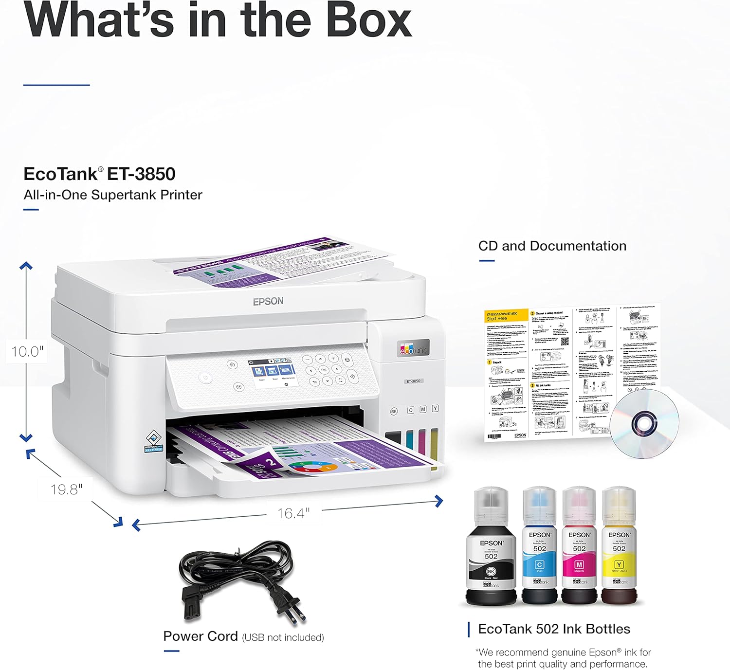 Epson EcoTank ET-3850 Wireless Color All-in-One Cartridge-Free Supertank with Scanner Copier, ADF and Ethernet â€“ The Perfect Printer Home Office,White