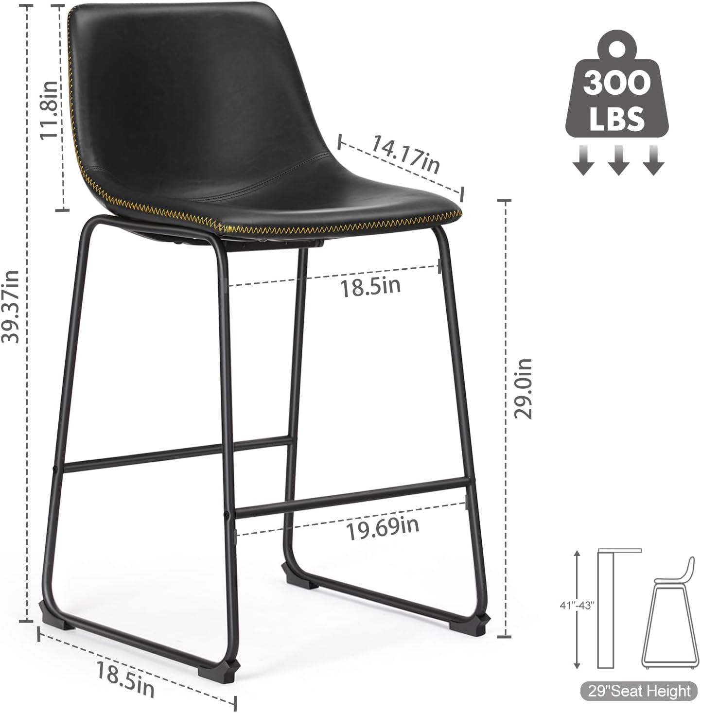 Sweetcrispy Counter Height Bar Stools Set of 4, 30 inch Height Stool Faux Leather Barstools with Back, Armless Kitchen Island Countertop Comfortable Modern Chairs with Metal Legs, Elegant Black