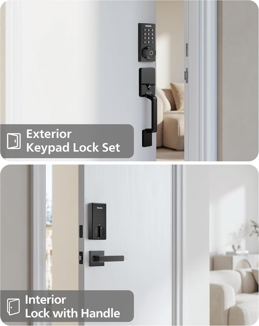 Philips Wi-Fi Smart Door Lock with Handle Set, Keypad Deadbolt for Front Door, Fingerprint Keyless Entry Door Lock with App Remote Control, IP53 Waterproof, Auto Lock, Security Easy Installation