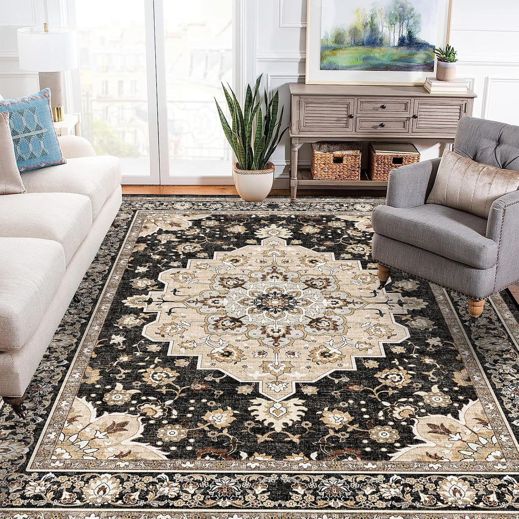 Washable Living Room Area Rug: 8x10 Oriental Stain Resistant Rugs for Living Room Medallion Non-Slip Carpet for Dining Room Soft Distresses Floor Mat for Bedroom Home Office (8x10 Black)