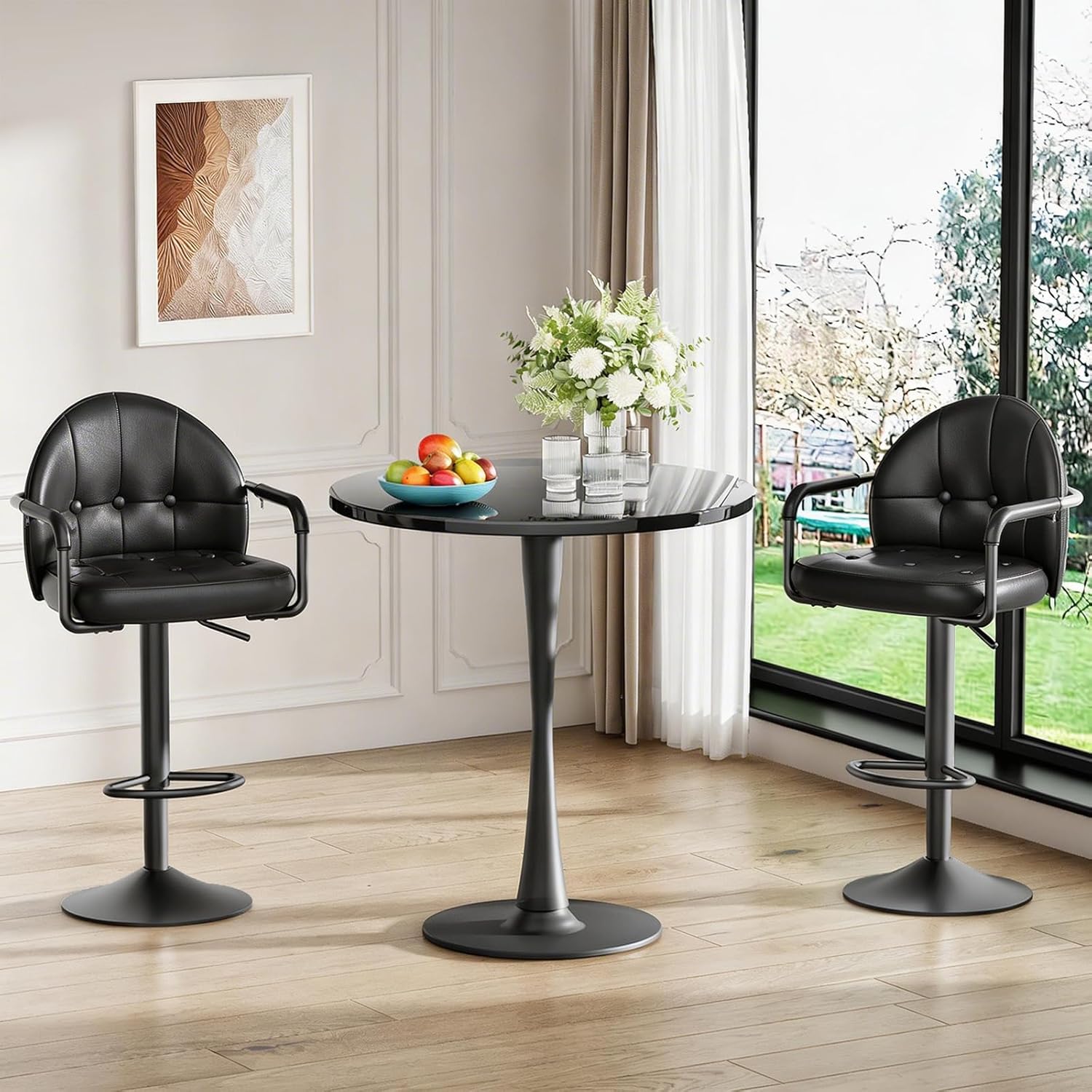 HOOBRO Adjustable Bar Stools, Swivel Bar Stools with Arms and Footrest, PU Upholstered Counter Height Stools, Bar Chairs with Metal Base, for Kitchen, Bar, Living Room, Black BB85BYP201