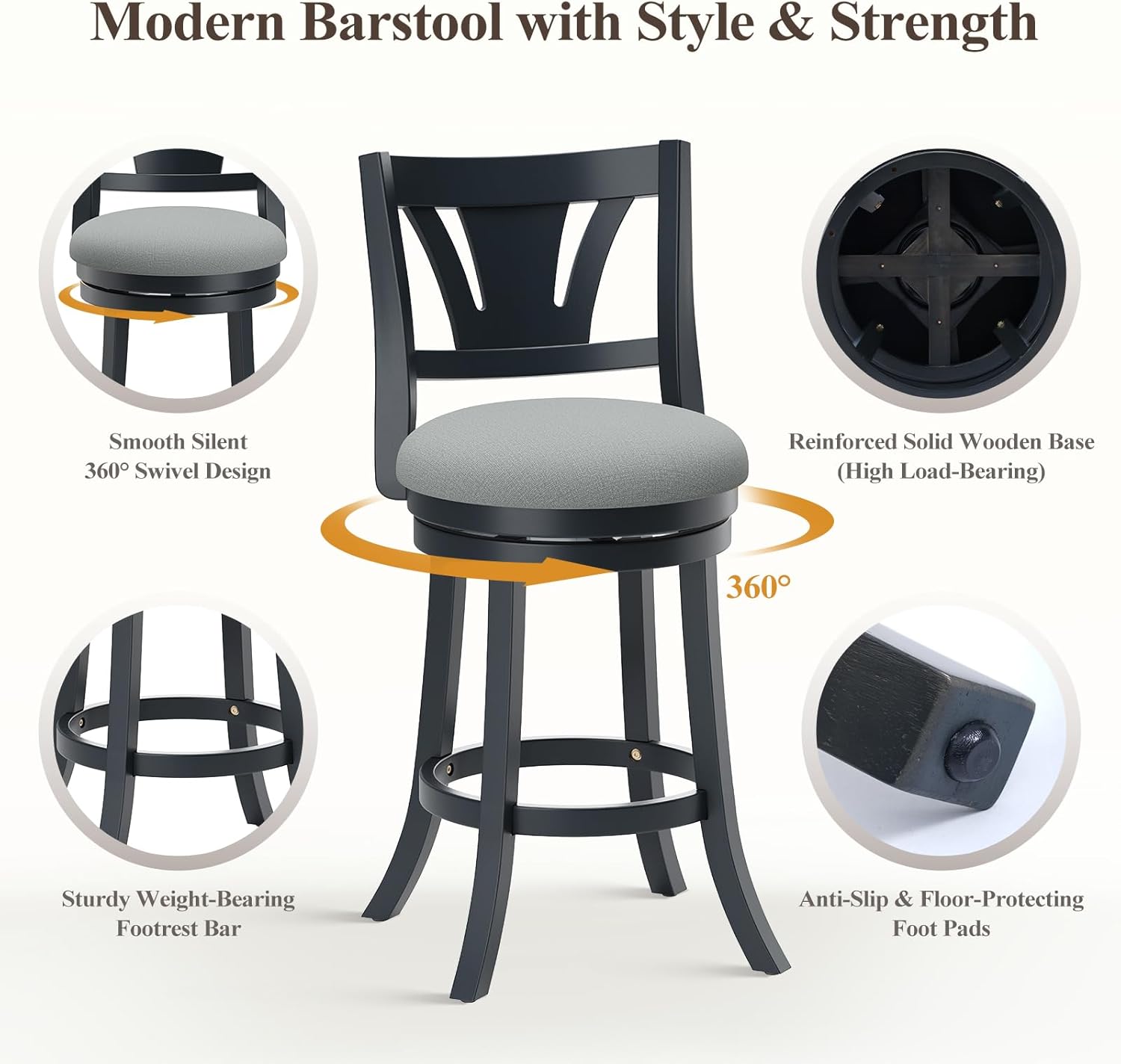 MALOL Swivel Bar Stools Set of 2, 26 Inch Counter Height Barstool with Silent Rotation, High-Density Foam Cushion, Solid Wood Frame, Footrest & Anti-Slip Pads for Kitchen Islands and Home Bars (Grey)
