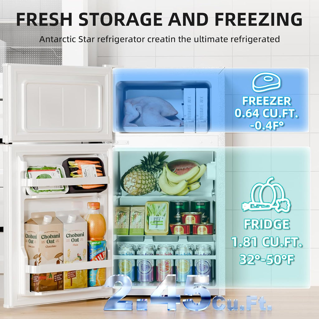 Antarctic Star Mini Fridge with Freezer, Double Door Compact Refrigerator, Adjustable Thermostat, Small Fridge for Bedroom Office Dorm Apartment, 2.45 Cu.Ft, White