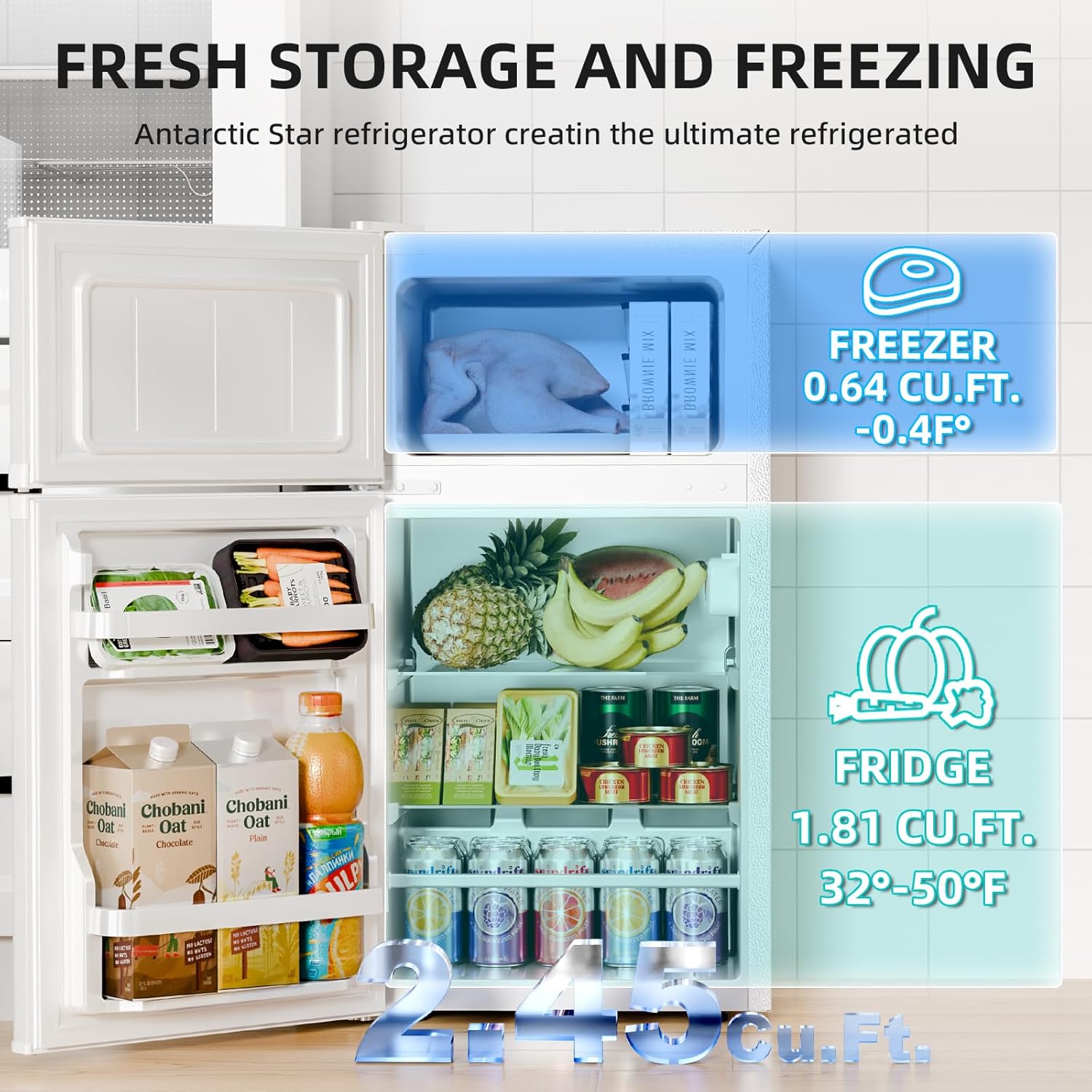 Antarctic Star Mini Fridge with Freezer, Double Door Compact Refrigerator, Adjustable Thermostat, Small Fridge for Bedroom Office Dorm Apartment, 2.45 Cu.Ft, White