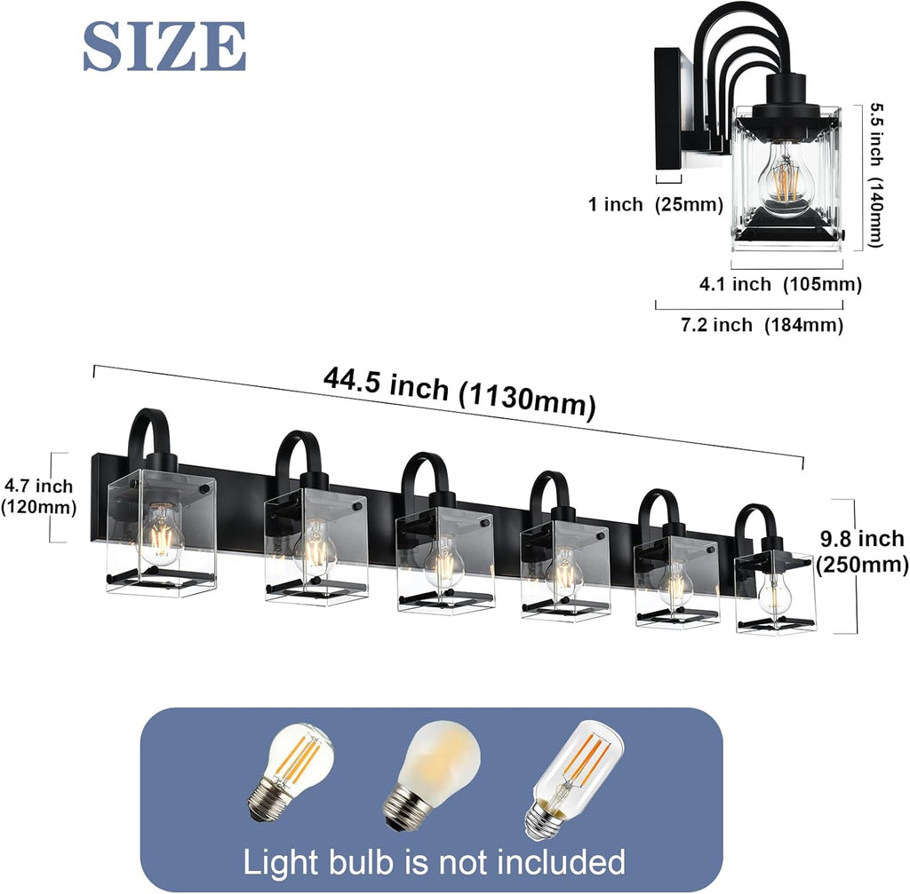 TODOLUZ Modern Vanity Light Fixture Over Mirror,6 Lights Wall Sconce with Clear Glass Shade Bathroom Lighting Black Farmhouse Wall Lamp Bathroom Mirror Kitchen Porch Living Room Workshop