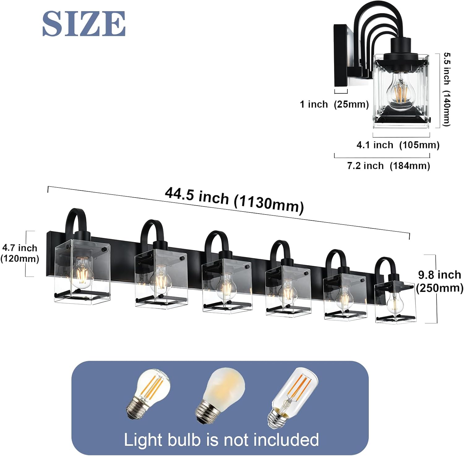 TODOLUZ Modern Vanity Light Fixture Over Mirror,6 Lights Wall Sconce with Clear Glass Shade Bathroom Lighting Black Farmhouse Wall Lamp Bathroom Mirror Kitchen Porch Living Room Workshop