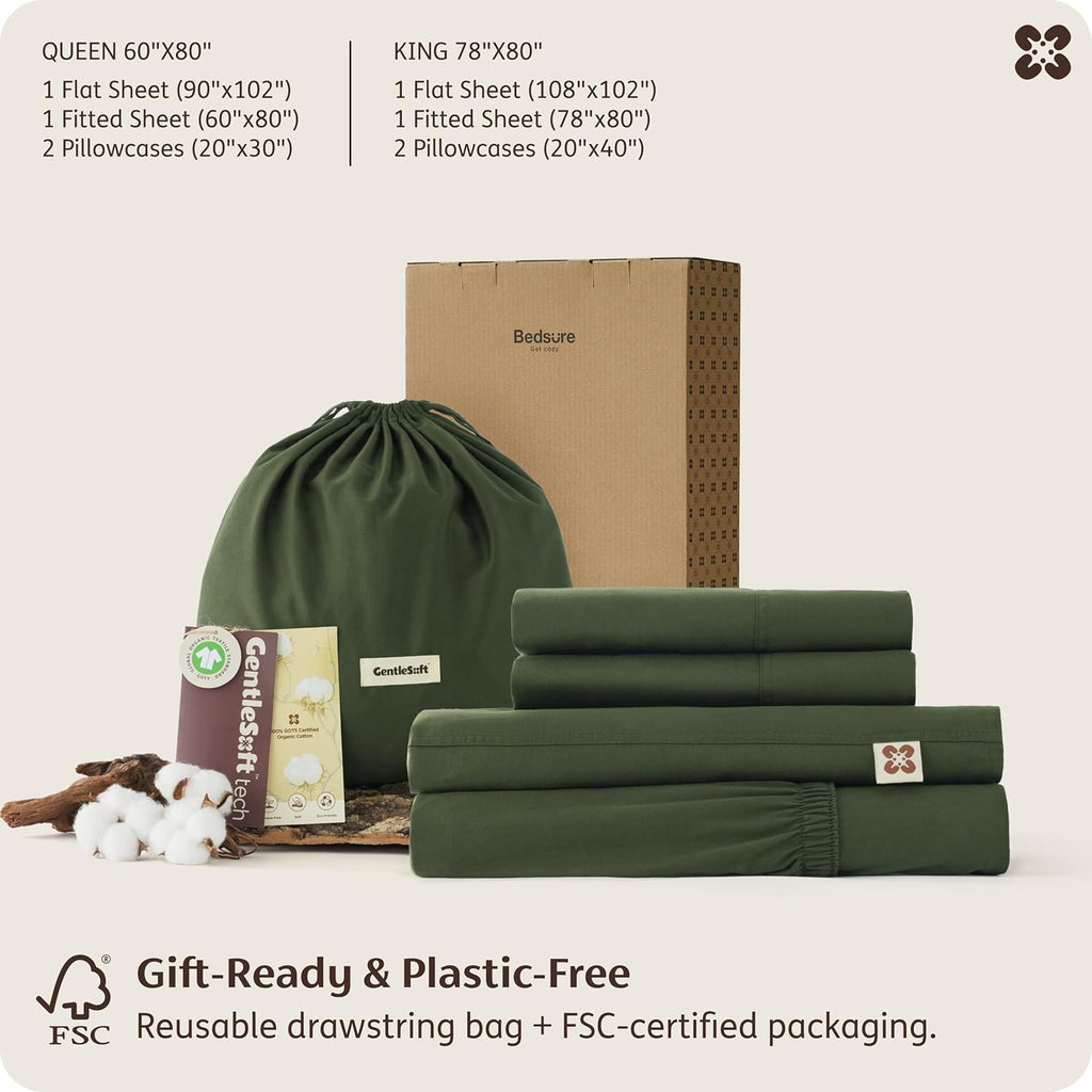 Bedsure 100% GOTS Certified Organic Cotton Sheets, King Size Sheets Set, 17" Deep Pocket Bedsheets with Corner Straps, Eco-Friendly, Soft & Luxury PureWoven Cotton Hotel Bedding, Olive Green