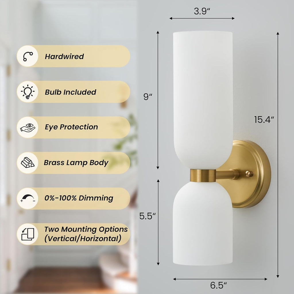 Mid Century Bathroom Wall Sconce - Set of 2 Modern Brushed Gold Brass Sconces - Frosted Milk White Glass Indoor Dimmable Lighting Fixture with Bulb - Double Vanity Lights for Bedroom Living Room Decor