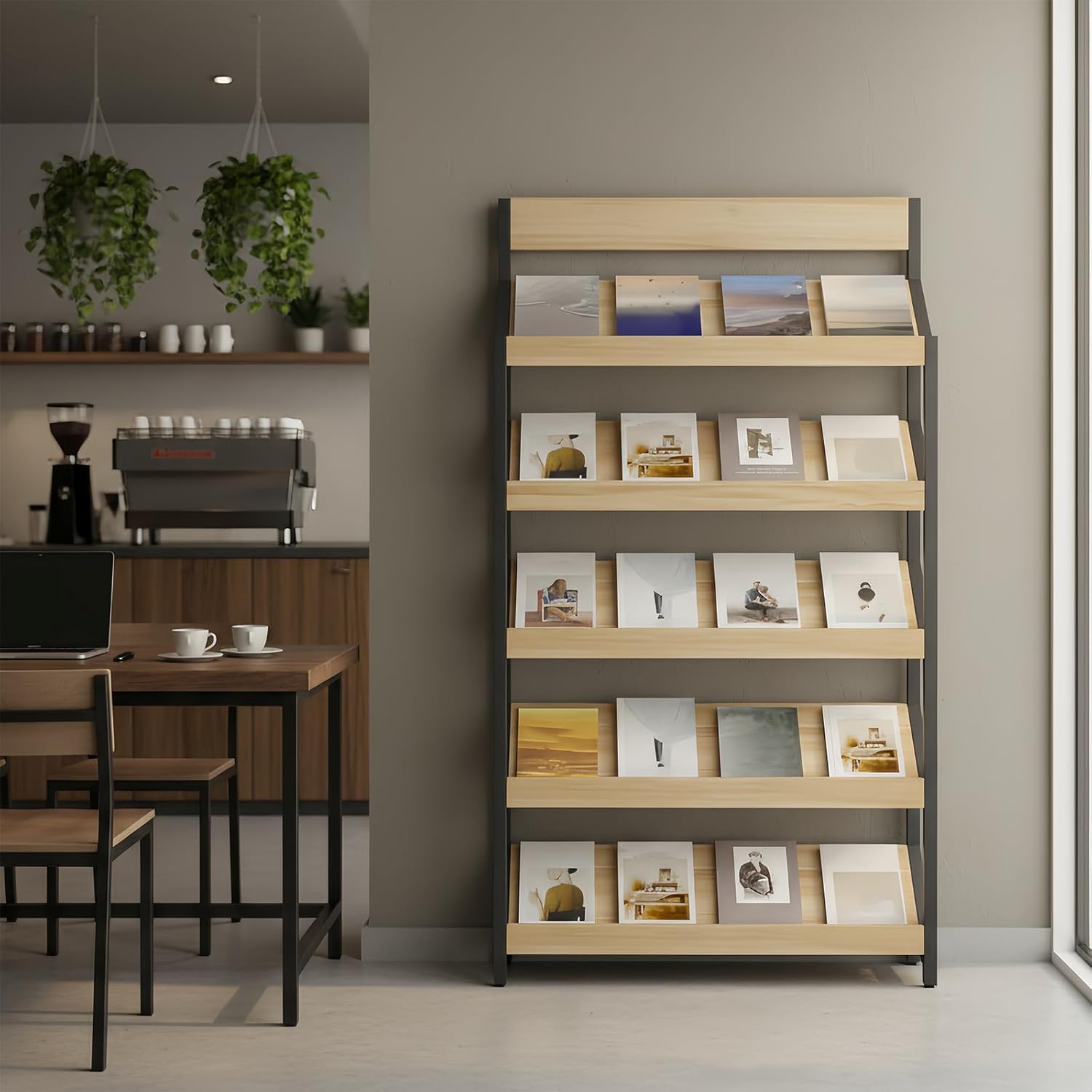Magazine Rack Floor, 4/5-Tier Floor Magazine Rack, Sturdy Carbon Steel & Wood Literature Display Stand, Space-Saving Vertical Design,Literature Rack for Living Room, Coffee Shop, Office, School