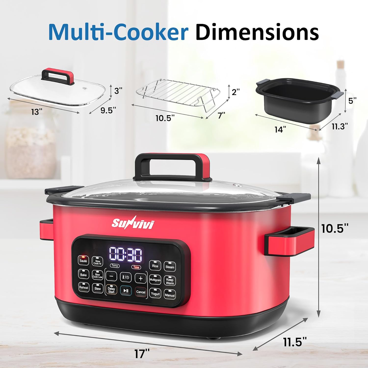 12-in-1 Multicooker, 6.5QT Slow Cooker Roaster Oven, Digital Programmable Multi Functional Pot with Timer Temp Control Delay Start Glass Lid Removable Nonstick Pot, Roast/Steam Rack, Red