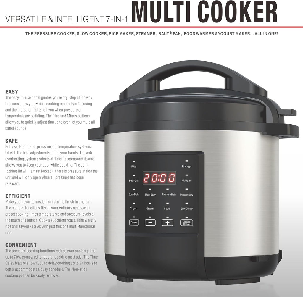EMB Ironblade 7-in-1 Multi Cooker, 6-Liter, 1000W Stainless Steel Programmable Pressure Cooker, Slow Cooker, Rice Maker, Steamer, Sauté Pan, Food Warmer, Yogurt Maker