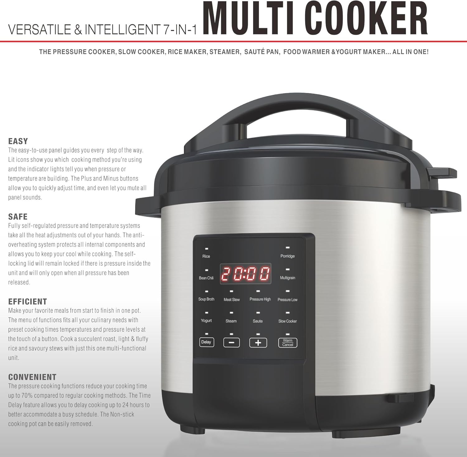 EMB Ironblade 7-in-1 Multi Cooker, 6-Liter, 1000W Stainless Steel Programmable Pressure Cooker, Slow Cooker, Rice Maker, Steamer, Sauté Pan, Food Warmer, Yogurt Maker