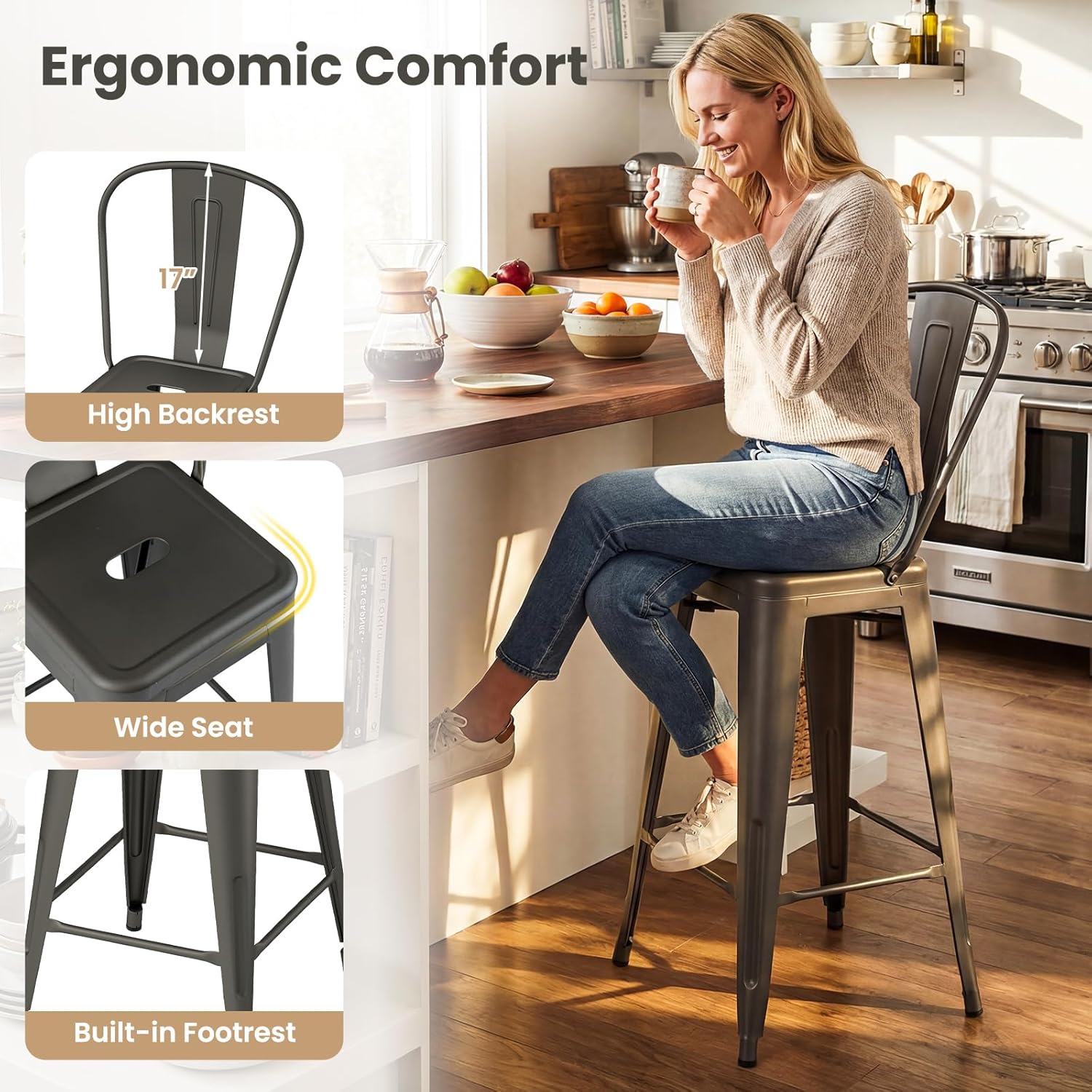 COSTWAY 24'' Metal Bar stools Set of 4, Counter Height Stools with Removable Back and Rubber Feet, Stylish and Modern Chairs, for Kitchen, Dining Rooms, and Side Bar, Gun