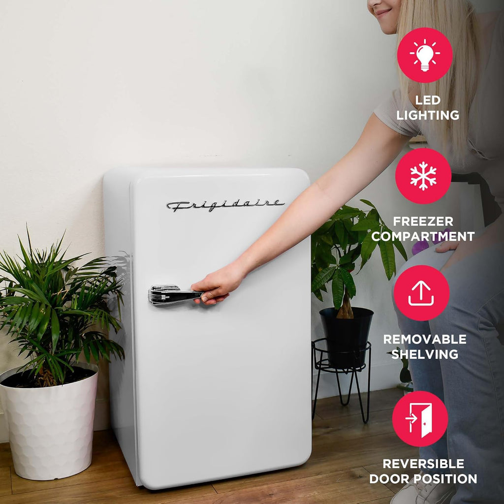 Frigidaire Retro Compact Refrigerator with Chiller, 3.2 cu ft Countertop Fridge, Built-In Bottle Opener, Rounded Corners, Premium, for Office, Bedroom, Dorm Room, Cabin, 18.5D x 20W x 31.5H (White)