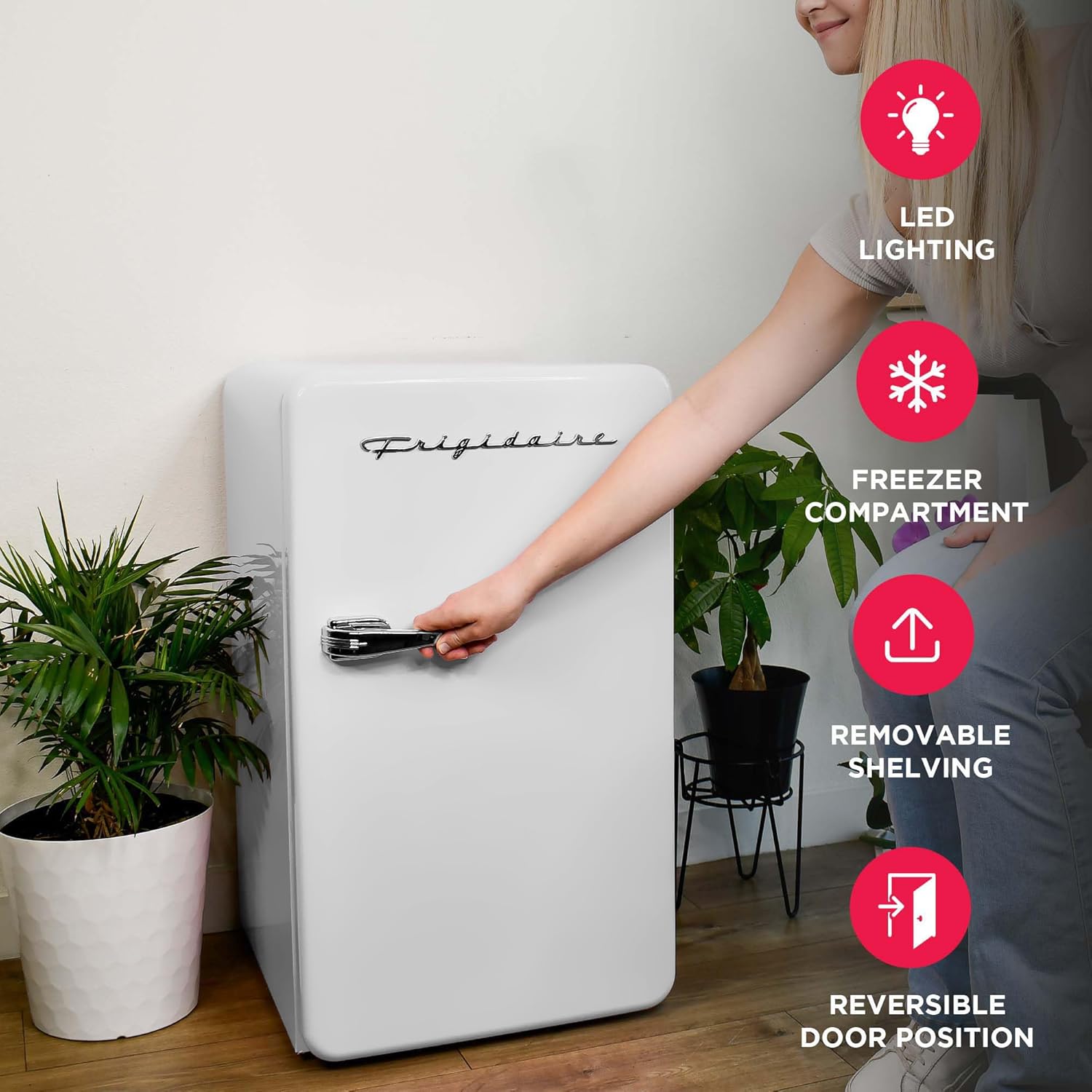 Frigidaire Retro Compact Refrigerator with Chiller, 3.2 cu ft Countertop Fridge, Built-In Bottle Opener, Rounded Corners, Premium, for Office, Bedroom, Dorm Room, Cabin, 18.5D x 20W x 31.5H (White)