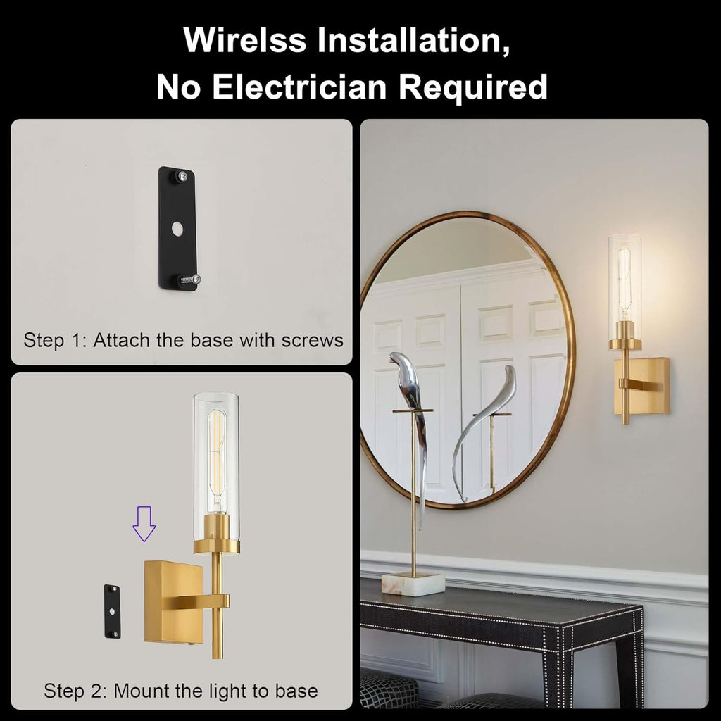 Gold Battery Operated Wall Sconce Set of 2, Wireless Wall Sconces with Remote Control, Rechargeable LED Dimmable Wall Light for Bedroom Bathroom Hallway Living room Entryway Stairwell, 3000K