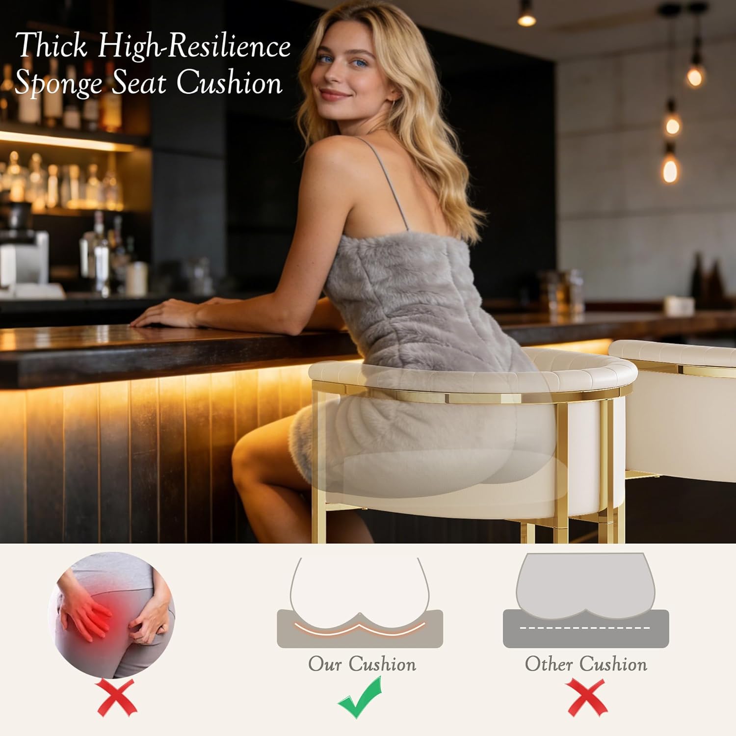 26" H Counter Height Bar Stools Set of 3, Modern Barrel Counter Stools with Backrest and Arms, Faux Leather Upholstered Accent Barstools for Kitchen Island, Gold Metal Frame/Ivory White