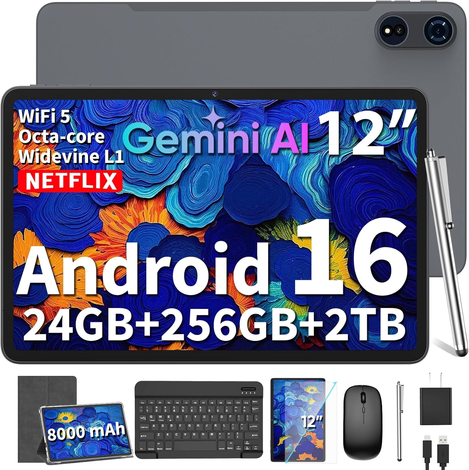 2026 12 Inch Large Tablet, Android 16 Tablet with Keyboard, 24GB+256GB+2TB Expand, Tablets PC with 2K Gemini AI, 8000mAh, Octa-Core, 16+8MP, 2 in 1 Tablets with Case, Mouse, Stylus (Silver Case)