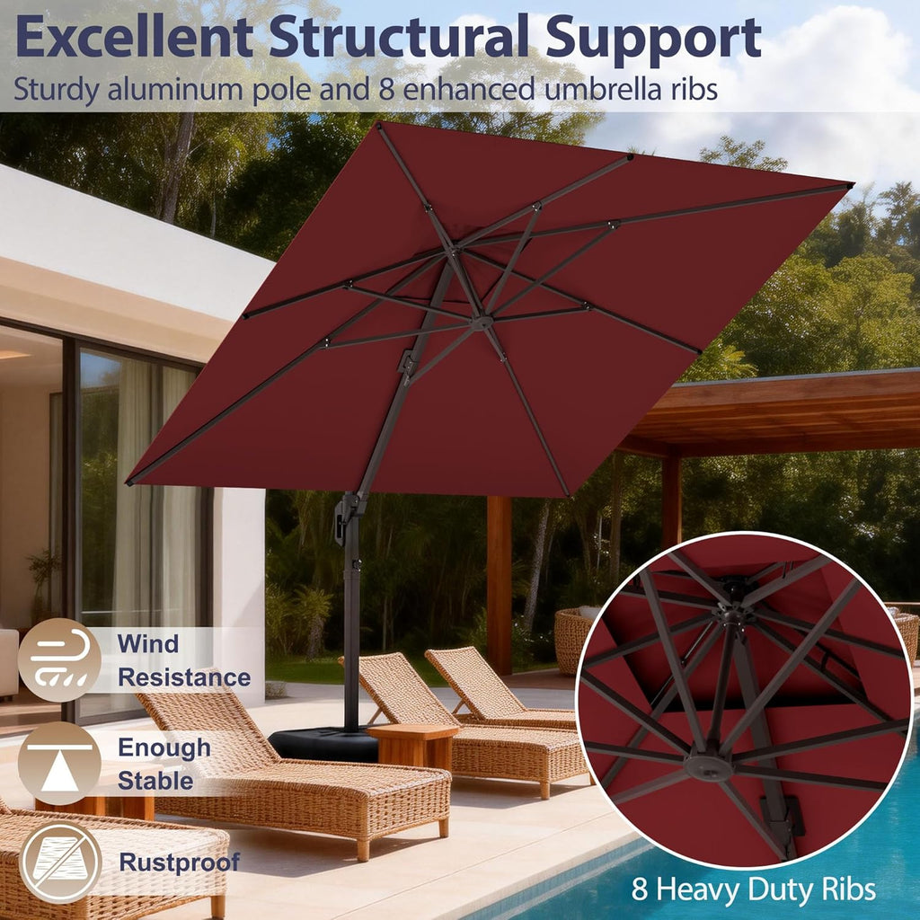 10' X 10' Patio Umbrella Cantilever Outdoor Rectangle Umbrella with Base Included, Heavy Duty 360°Rotation Offset Umbrella for Garden Deck Pool Patio, Red