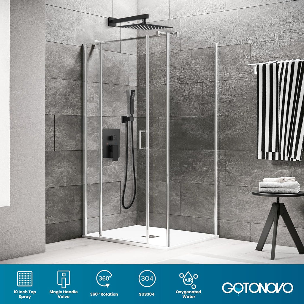 gotonovo Rainfall Bathroom Shower System Rain Shower Head and Handle Set Wall Mounted Shower Complete Combo Solid Brass Pressure Balancing Shower Mixer Valve 10 Inch Matte Black