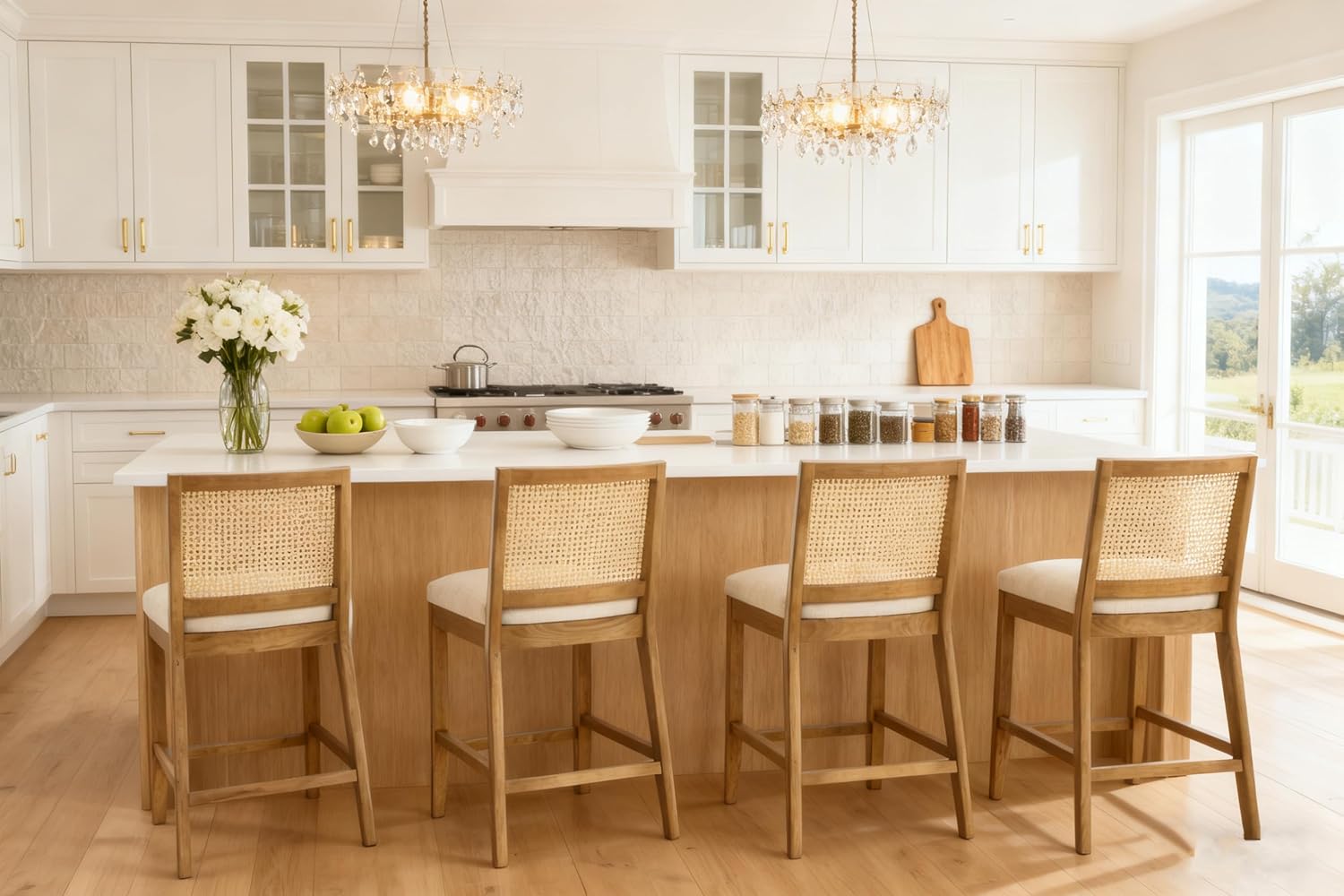 RIVOVA 26.5" Rattan Bar Stools Set of 4 Modern Linen Fabric Upholstered Counter Height Bar Stools, Kitchen Island Barstools with Rattan Back, Natural Finish Wood Legs Bar Chairs, Beige