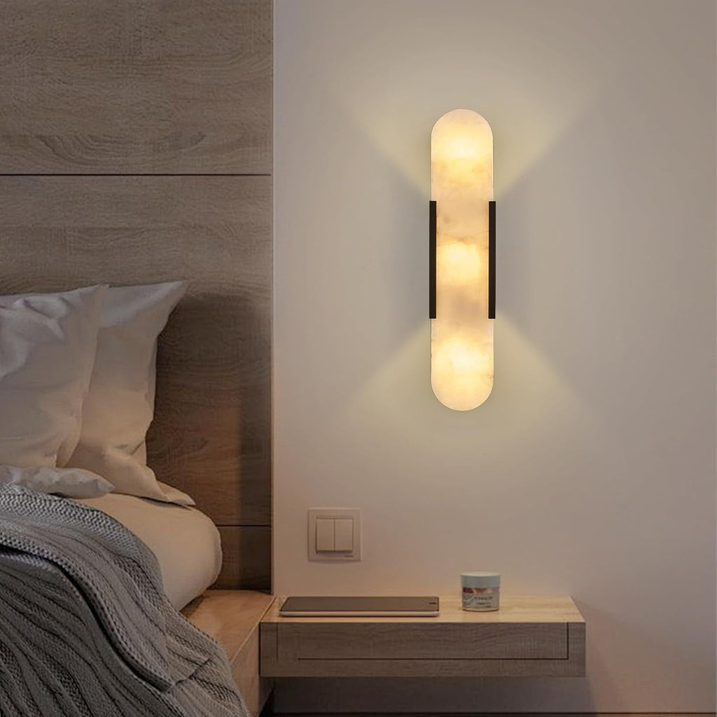 Black Modern Wall Sconces for Living Room, Alabaster Sconce Wall Light Fixtures Set of 2, Marble Sconce Lighting for Entryway Bathroom Bedroom