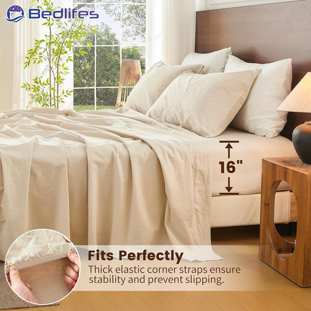 Bedlifes 100% French Pure Linen Sheets Queen Size Breathable and Cooling Flax Sheet Set Soft Durable and Moisture Wicking 16 Inch Deep Pocket-4 Piece(Queen,Linen)
