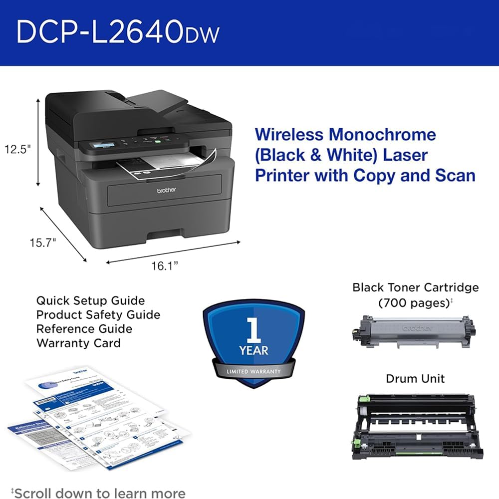 Brother DCPL2640DW Wireless Compact Monochrome Multi-Function Laser Printer Bundle High-Yield Toner, Black Twin Pack (3,000 Pages/Cartridge)