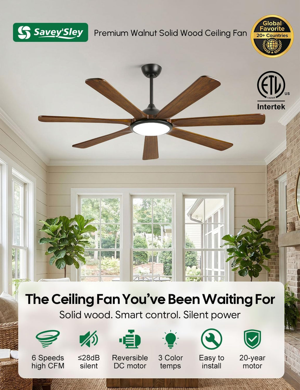60 inch Smart Wood Ceiling Fan with Light, Remote/Alexa/App Control, Farmhouse Rustic Style, 7 Solid Walnut Blades, Indoor Outdoor High CFM Quiet DC Motor, Damp Rated for Covered Patio, Living Room