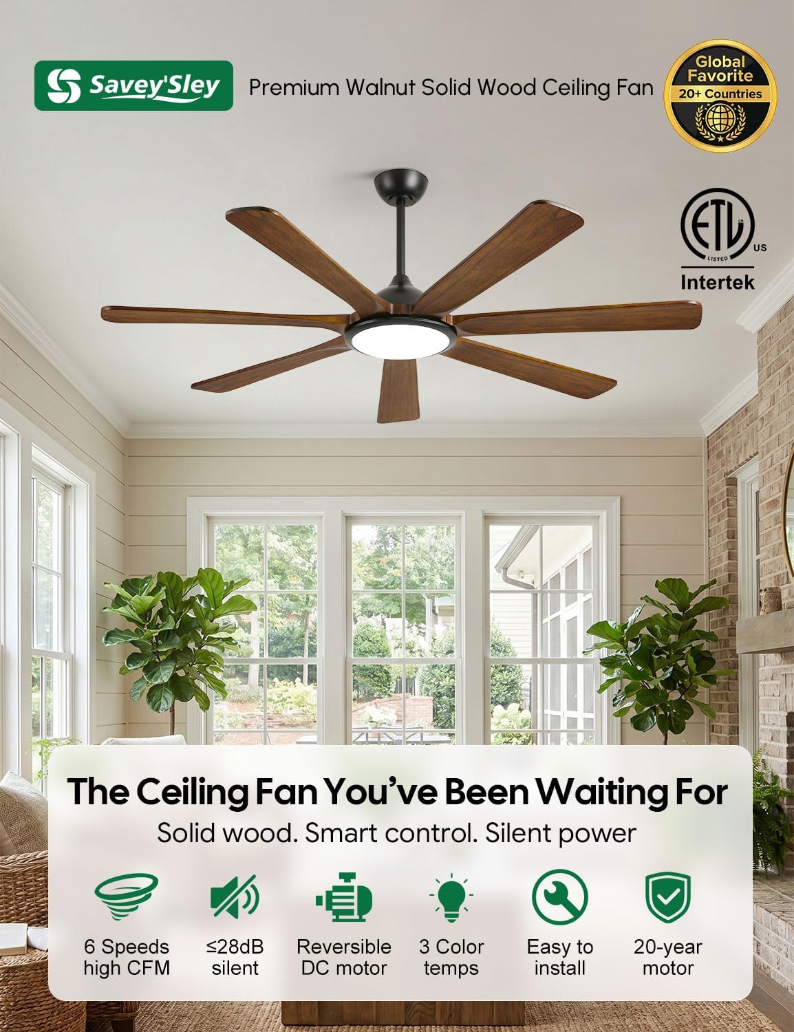 60 inch Smart Wood Ceiling Fan with Light, Remote/Alexa/App Control, Farmhouse Rustic Style, 7 Solid Walnut Blades, Indoor Outdoor High CFM Quiet DC Motor, Damp Rated for Covered Patio, Living Room