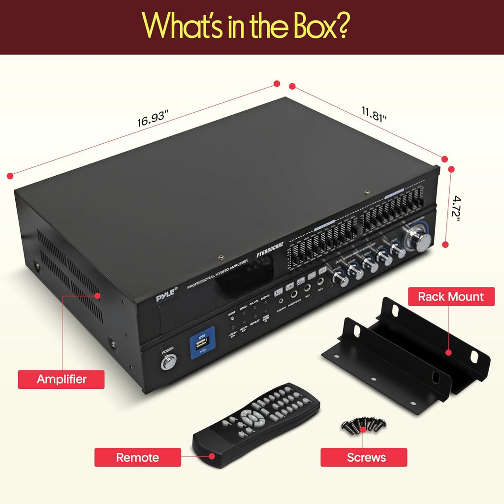 Pyle Bluetooth Hybrid Home Amplifier - 6-Channel 2000W Rack Mount Power Amplifier Receiver w/ Radio - Dual 10 Band EQ, Karaoke Microphone x2, USB, RCA, COAX, OPT, DVD Inputs, HiDef Input and Output