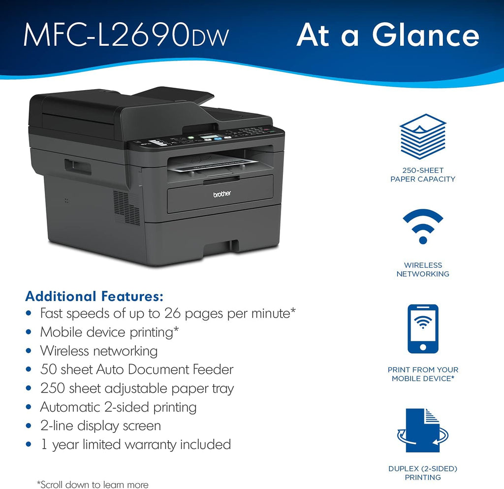 Brother Premium MFC-L2690DW Compact Monochrome All-in-One Laser Printer