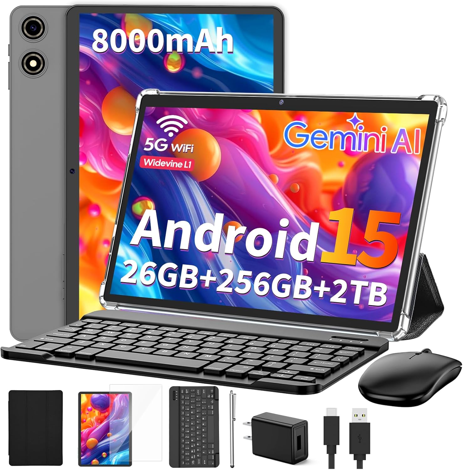 Suicoey 2026 Tablet with Keyboard, 26GB + 256GB (2TB Expand), 10 inch Android 15 Tablets with Octa Core, Gemini AI, 5G WiFi, 8000mAh, BT 5.0, 2 in 1 AI Tablet with Case, Mouse, Stylus (Black Case)