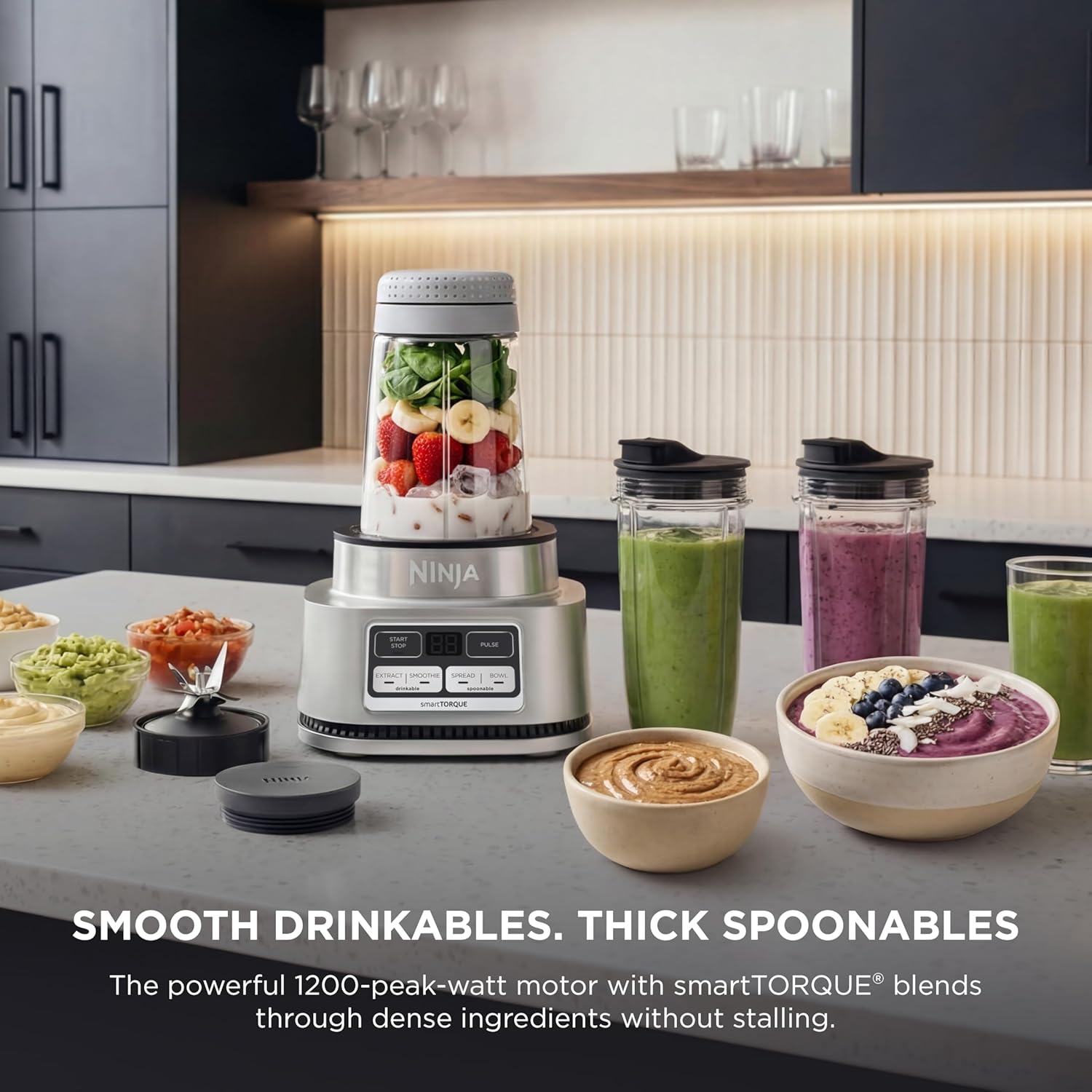 Ninja Foodi Personal Blender | Smoothie Bowl Maker with Storage Lid, Nutrient Extractor and Mixer | 1200-Peak-Watt smartTORQUE Motor | Hybrid Edge Blades, (2) 24-oz. Cups | Silver | SS101